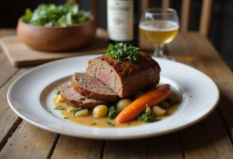 Final presentation of The Matrix Morpheus' Mind-Bending Meatless Loaf, showcasing a deliciously plated slice with herbs and veggies for a visually appealing meatless meal.