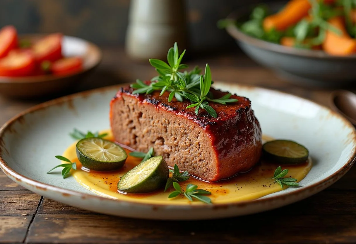 Final presentation of The Matrix Morpheus' Mind-Bending Meatless Loaf, showcasing a deliciously plated slice with herbs and veggies for a visually appealing meatless meal.