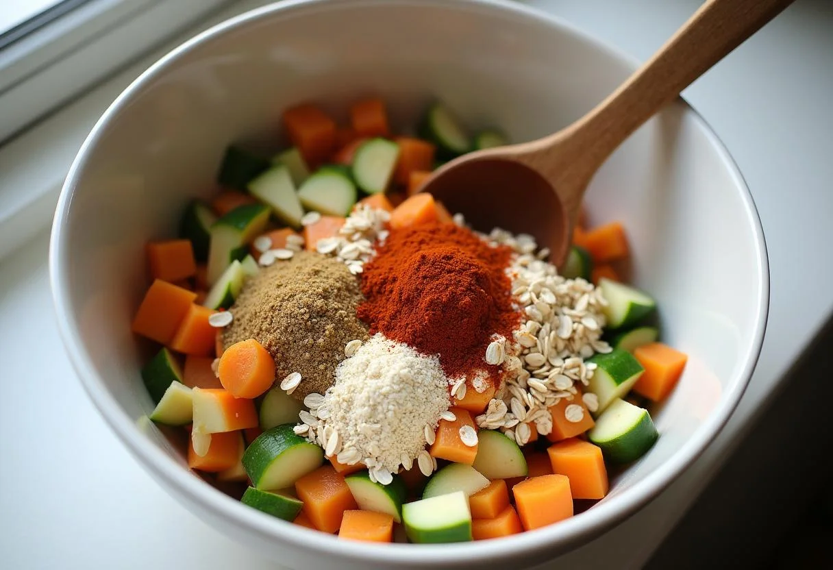 Mixing the ingredients for The Matrix Morpheus' Mind-Bending Meatless Loaf, showcasing a lively bowl of vegetables and spices combined for a delicious meatless dish.
