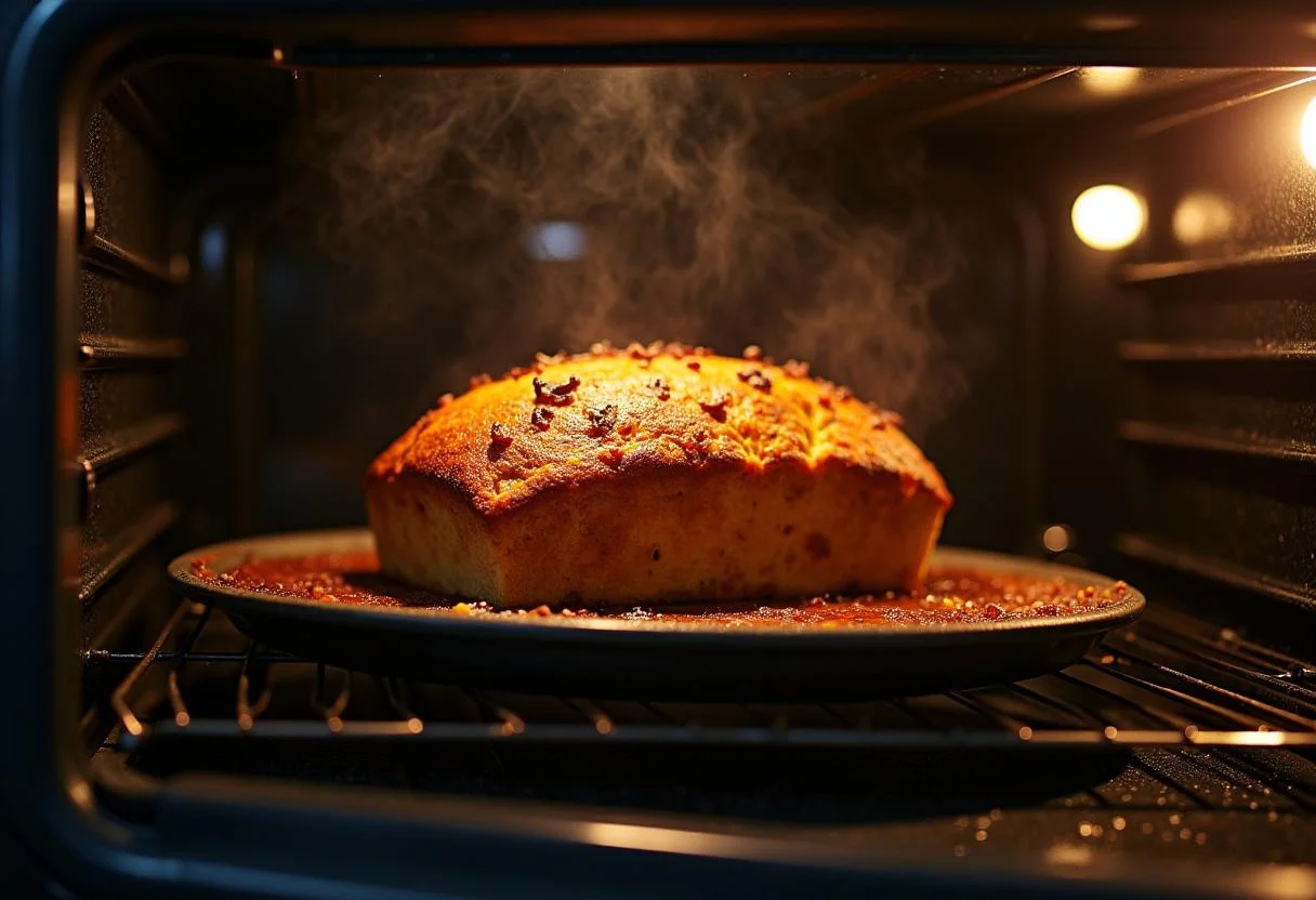 Baking process of The Matrix Morpheus' Mind-Bending Meatless Loaf, featuring a well-cooked loaf emerging from the oven, highlighting its appetizing appearance.
