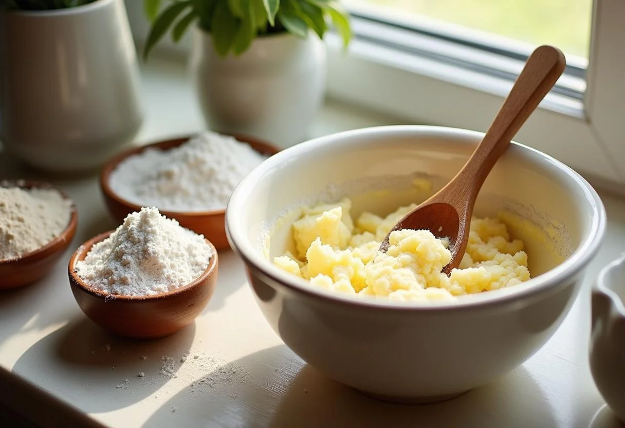 Making The Matrix Oracle's Oven-Baked Cookies with butter and sugar in a mixing bowl on a kitchen counter.