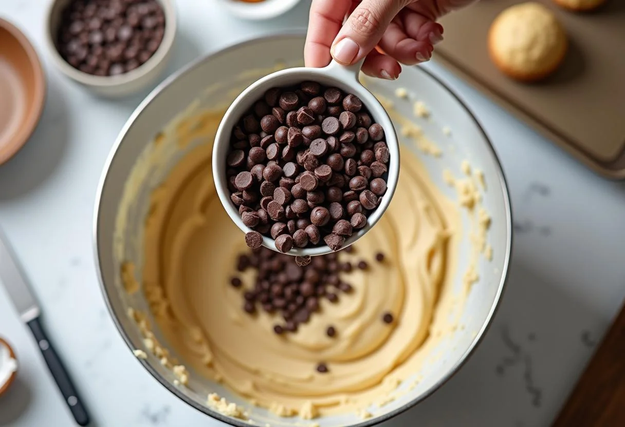 Adding chocolate chips to the dough while preparing The Matrix Oracle's Oven-Baked Cookies in a welcoming kitchen.