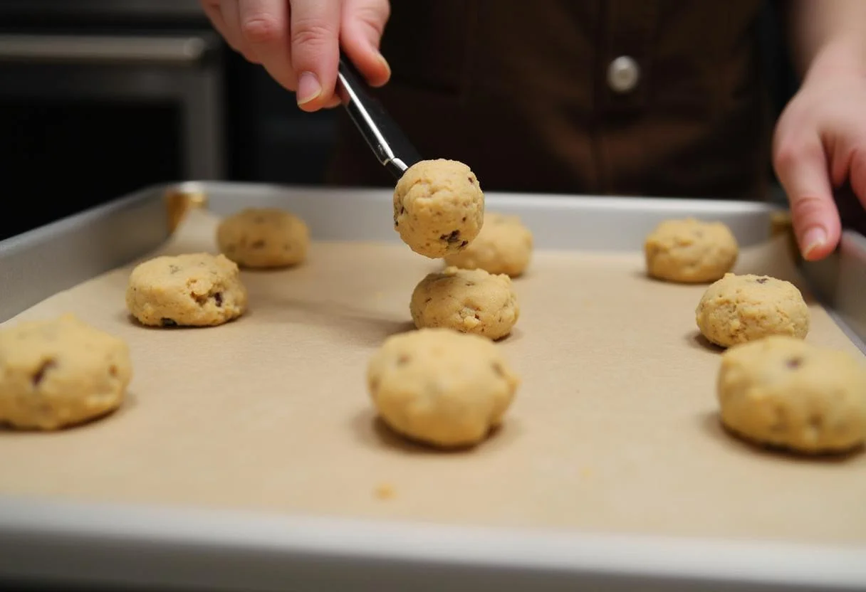 Scooping dough onto a baking sheet for The Matrix Oracle's Oven-Baked Cookies, preparing them for baking.