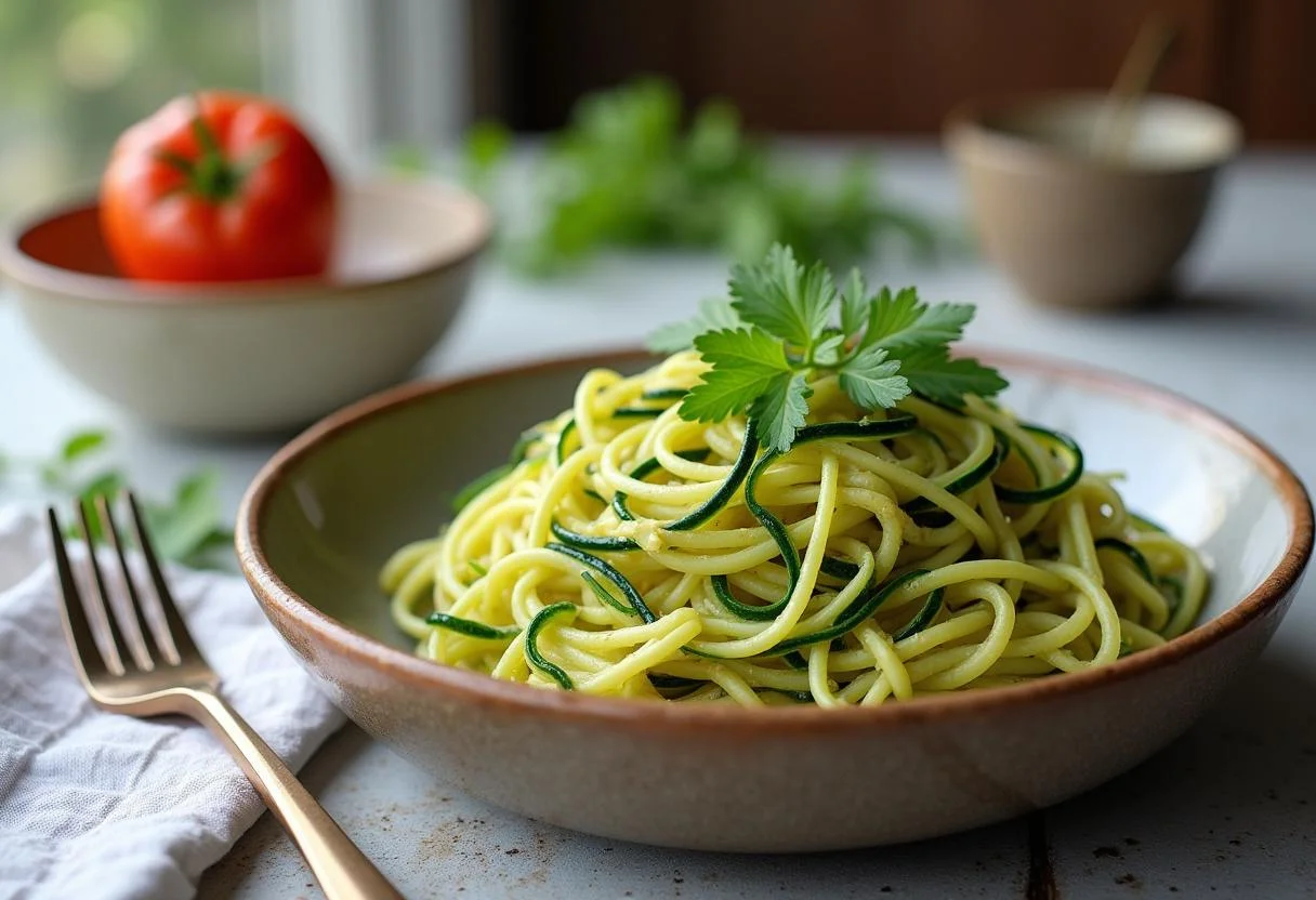 The Matrix Zion's Zesty Zucchini Noodles beautifully plated and ready to enjoy, showcasing vibrant colors and gourmet presentation.