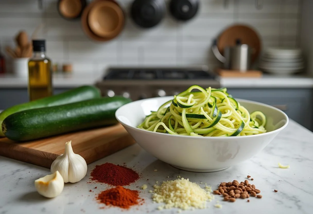 The Matrix Zion's Zesty Zucchini Noodles ingredients including fresh zucchini, olive oil, and chopped garlic before cooking.
