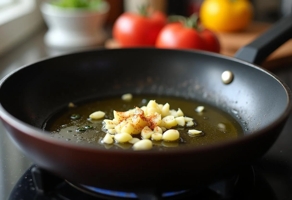 A frying pan preparing olive oil for cooking The Matrix Zion's Zesty Zucchini Noodles with spices and garlic.