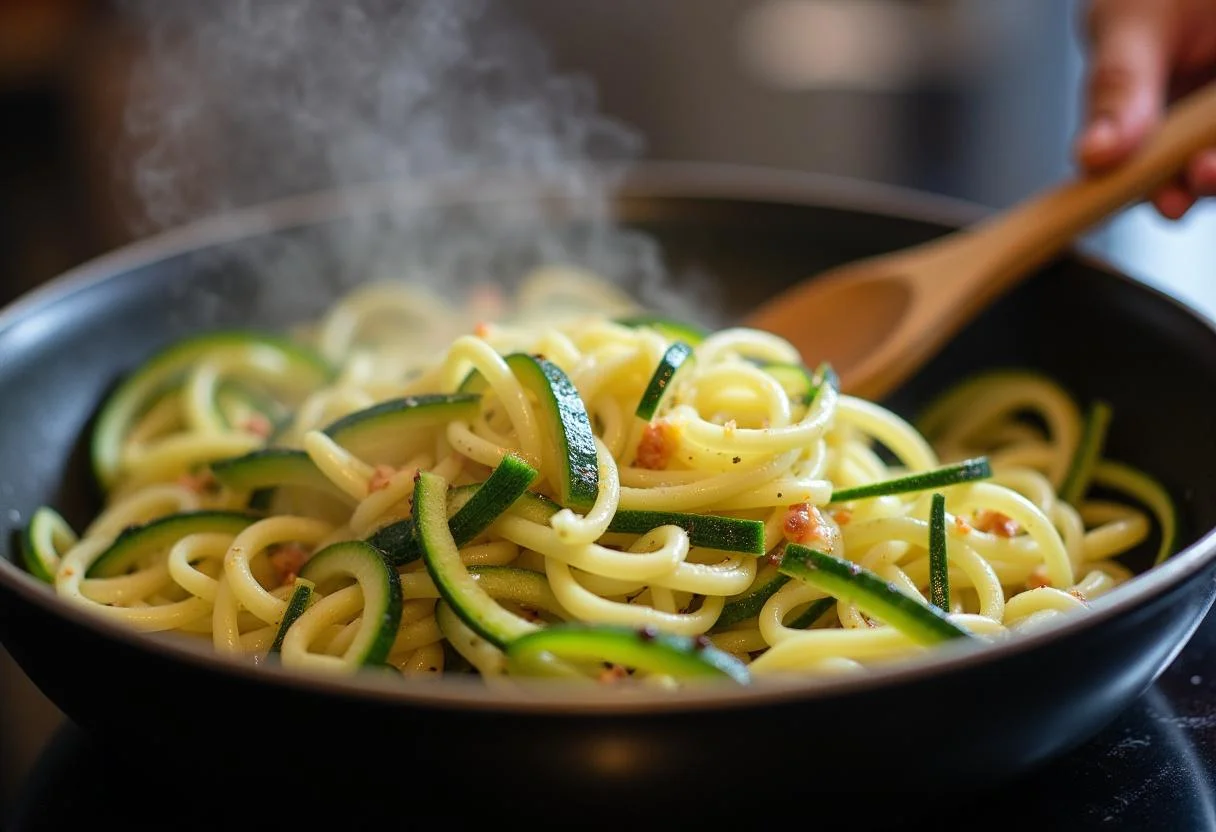 Sautéing process of the zucchini noodles showcasing vibrant colors and aromatic garlic and spices for The Matrix Zion's Zesty Zucchini Noodles.
