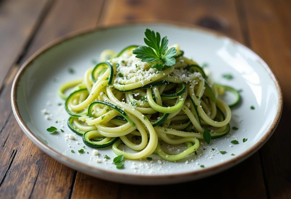 A beautifully presented plate of The Matrix Zion's Zesty Zucchini Noodles topped with herbs and parmesan, perfect for serving.