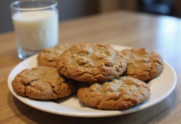 Finished batch of The Office Creed Bratton's Old Man Oatmeal Cookies served with a glass of milk, showcasing a delicious homemade treat.