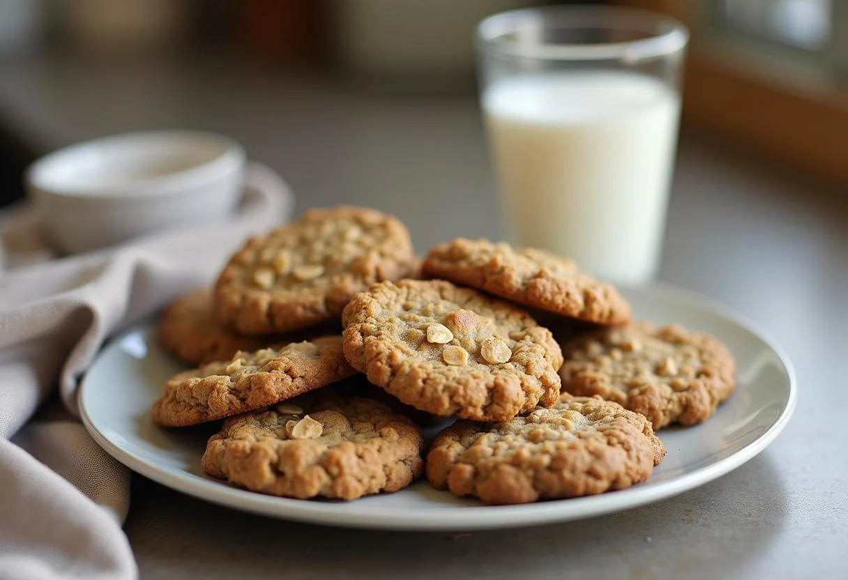 Finished batch of The Office Creed Bratton's Old Man Oatmeal Cookies served with a glass of milk, showcasing a delicious homemade treat.