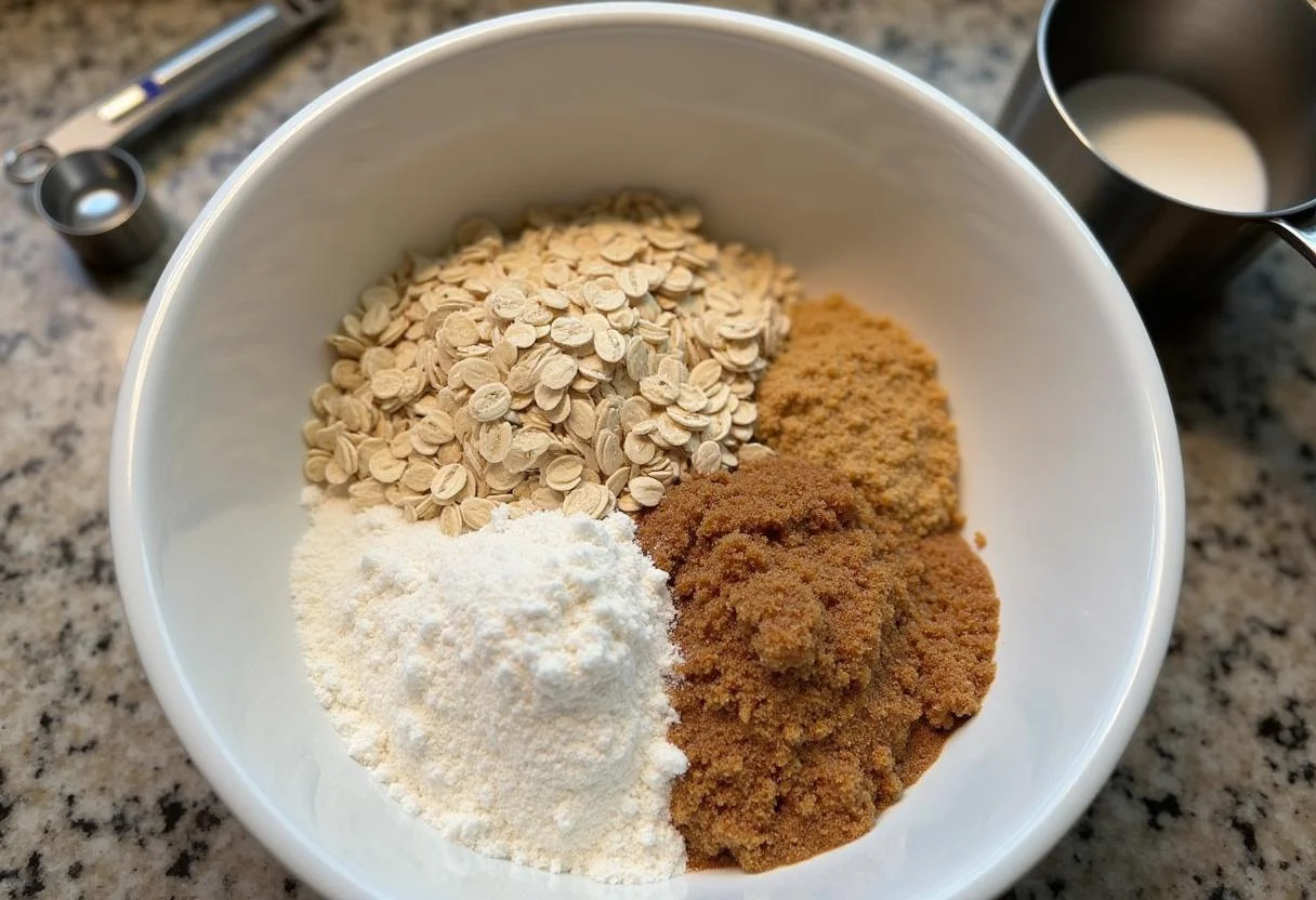 Dry ingredients for The Office Creed Bratton's Old Man Oatmeal Cookies including oats, flour, and sugar displayed in a kitchen setting.