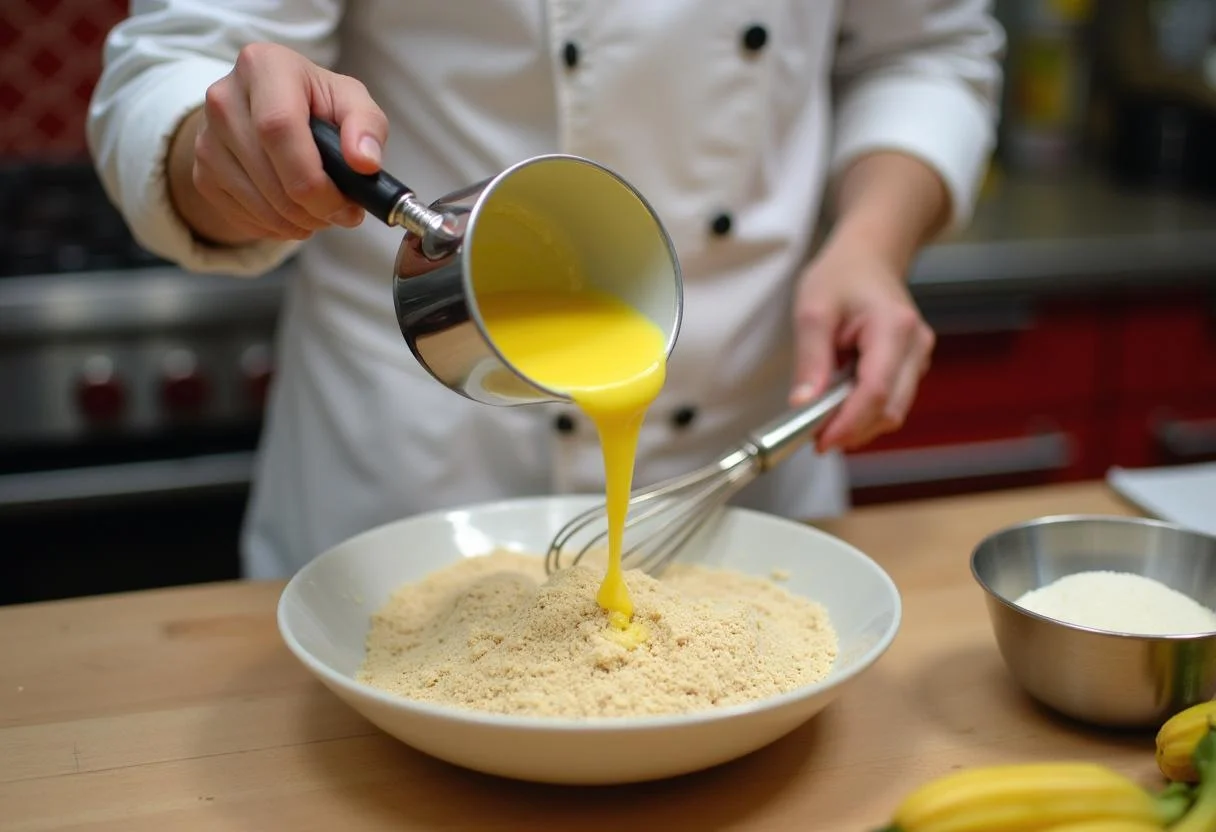 Mixing melted butter with dry ingredients for The Office Creed Bratton's Old Man Oatmeal Cookies in a lively kitchen atmosphere.
