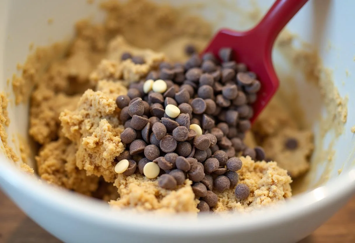 Adding mix-ins to enhance The Office Creed Bratton's Old Man Oatmeal Cookies mixture in a cozy kitchen setting.