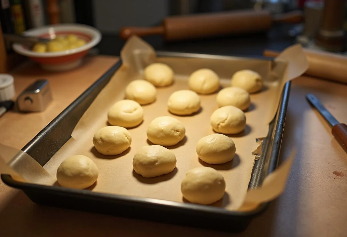 Preparing to bake The Office Creed Bratton's Old Man Oatmeal Cookies, with dough balls on a tray in a warm kitchen environment.