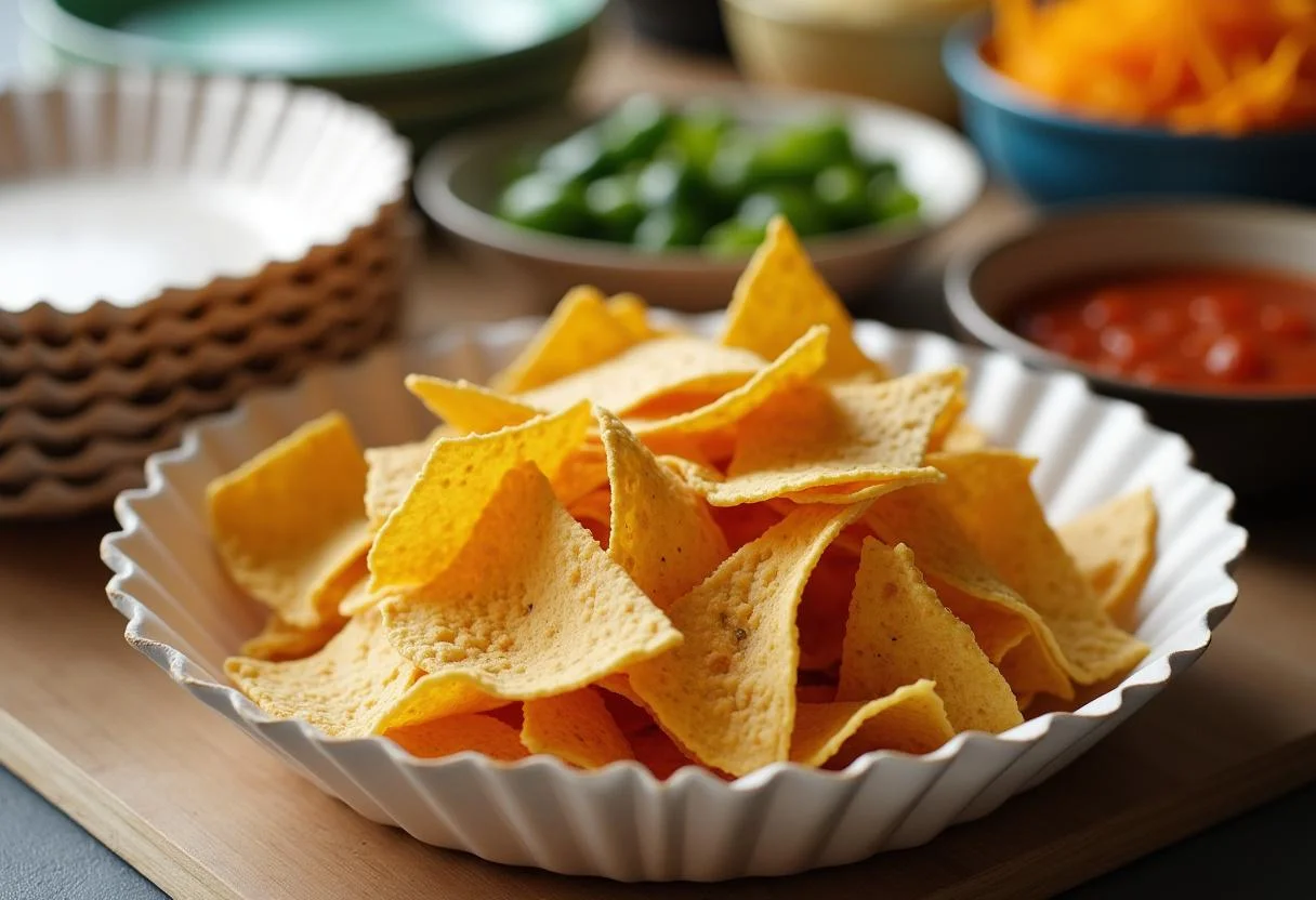 Dunder Mifflin inspired nachos preparation with paper plates and tortilla chips for vibrant nachos.