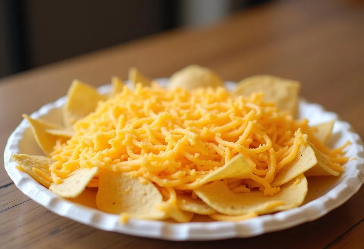 Perfect cheesy layering on Dunder Mifflin paper plate nachos, showcasing mouthwatering cheese ready for baking.