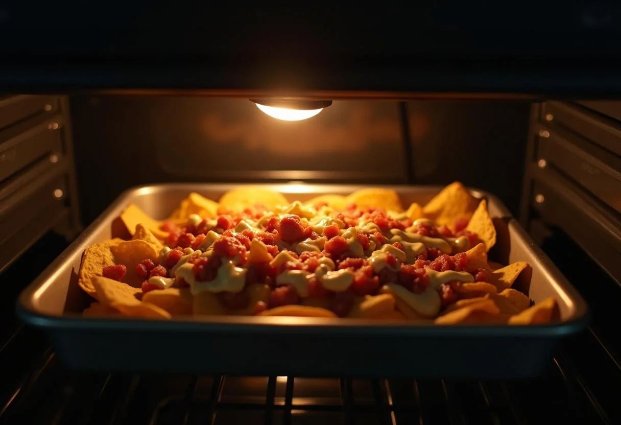 Homemade nachos baking in the oven, inspired by The Office Dunder Mifflin style, with gooey melted cheese.