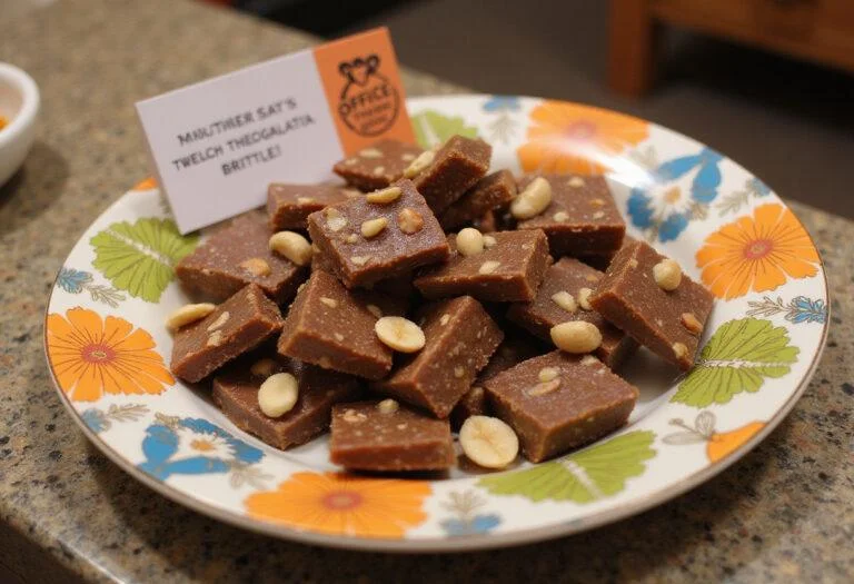 Final presentation of The Office Dwight's Battlestar Galactica Brittle, showcasing the delightful treat on a festive plate.