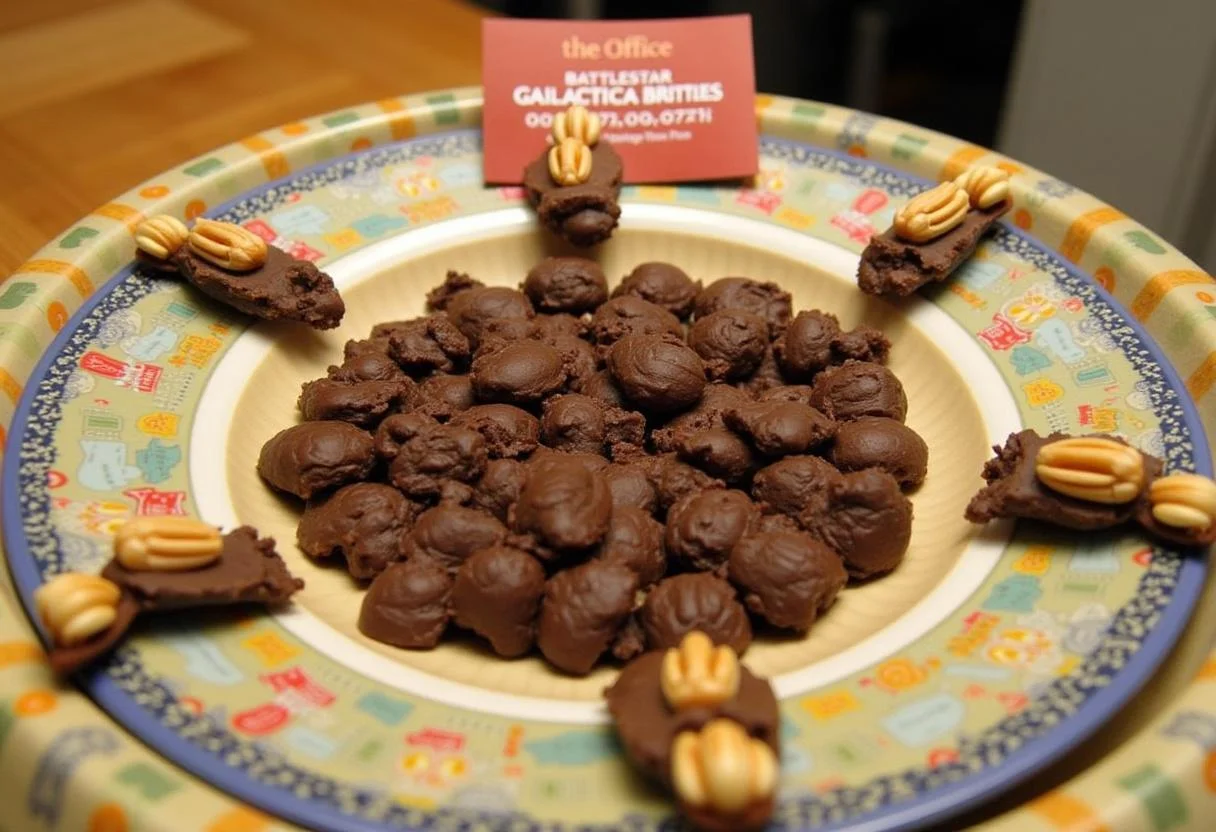 Final presentation of The Office Dwight's Battlestar Galactica Brittle, showcasing the delightful treat on a festive plate.