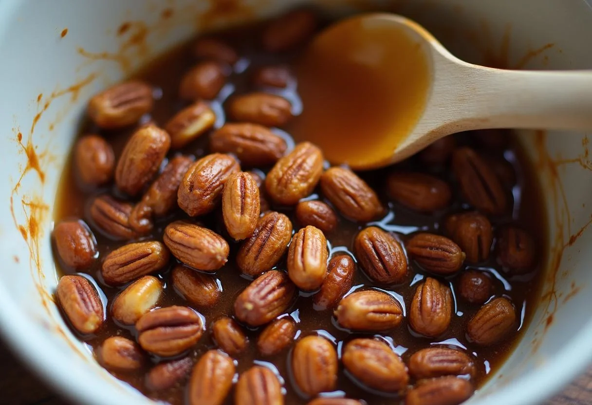 Mixing roasted nuts with a sweet syrup for Dwight's Battlestar Galactica Brittle, showcasing the delicious ingredients.