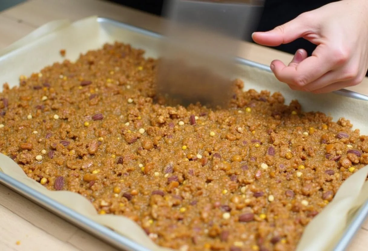 Spreading the mixture for The Office Dwight's Battlestar Galactica Brittle onto a baking sheet, preparing it for cooling.