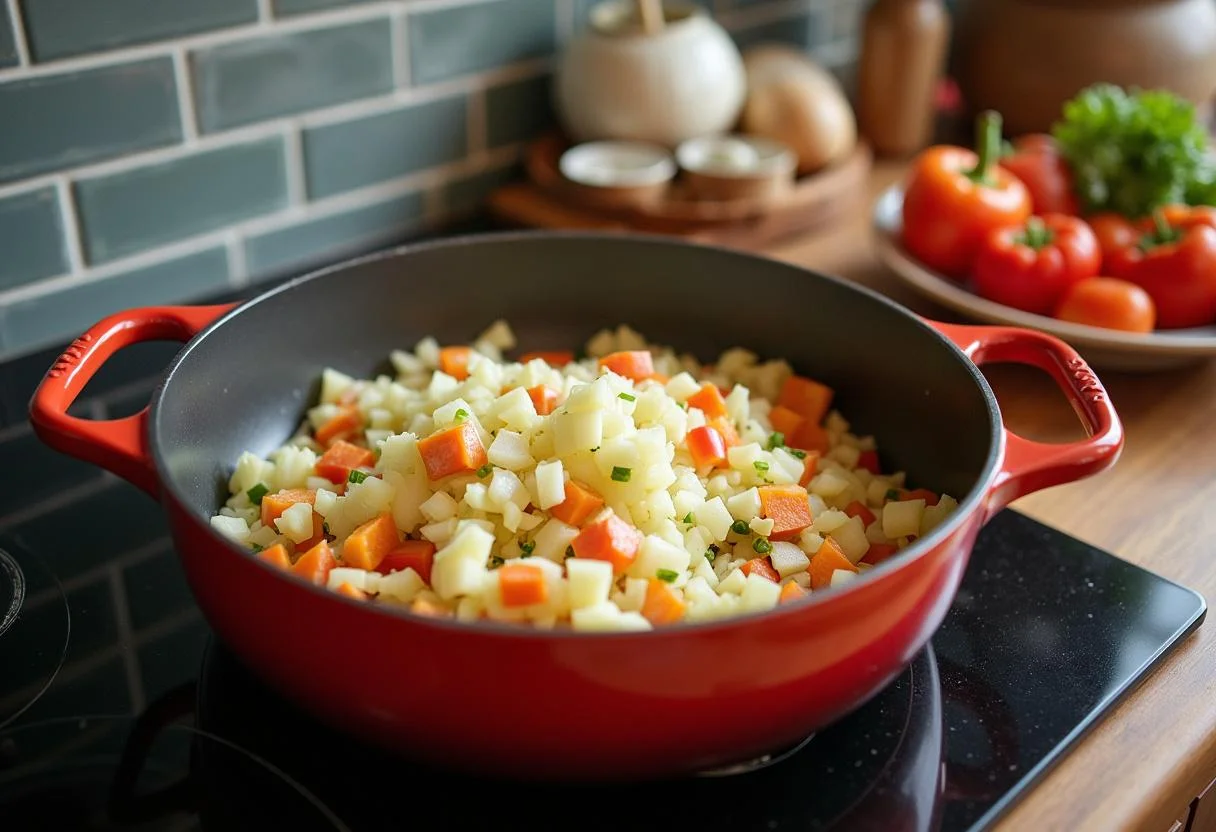 Sautéing onions and garlic in a pot for The Office Kevin's Famous Chili, showcasing the colorful vegetables in a well-organized kitchen.