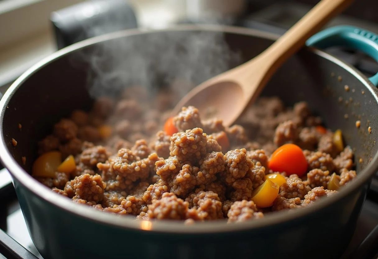 Browning ground beef in a pot for The Office Kevin's Famous Chili, highlighting the rich colors and textures of the ingredients in a warm kitchen.
