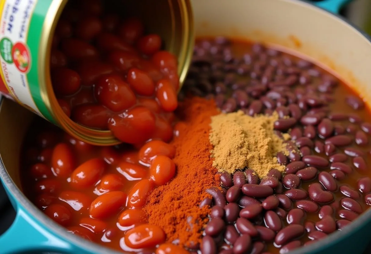 Adding tomatoes and kidney beans to the pot for The Office Kevin's Famous Chili, emphasizing the bright colors and rich ingredients coming together in the recipe.