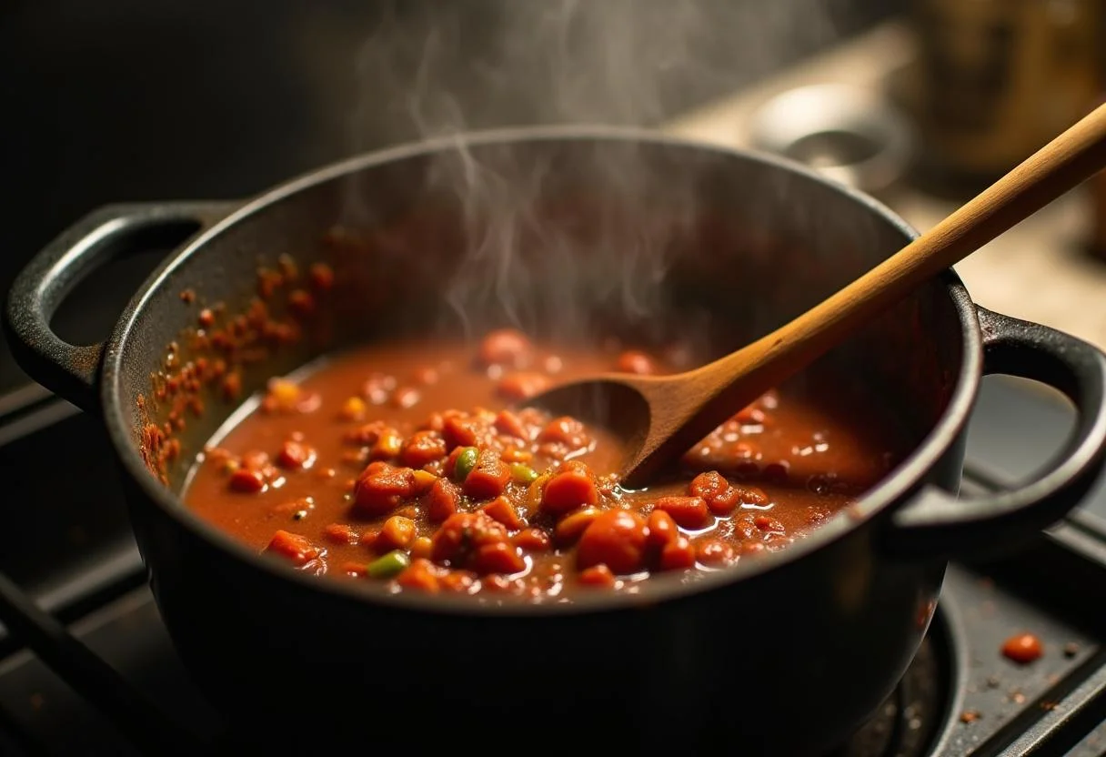Simmering pot of The Office Kevin's Famous Chili on the stove, capturing the delicious aroma and inviting appearance of the dish as it cooks.