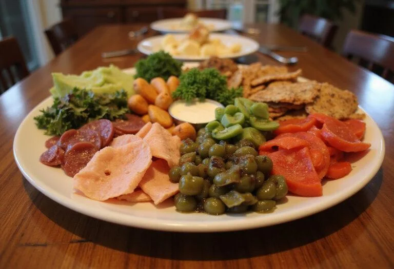The Office Pam's Art School Antipasto Platter artistically displayed, showcasing a variety of olives, cheeses, and cured meats for a perfect party appetizer.
