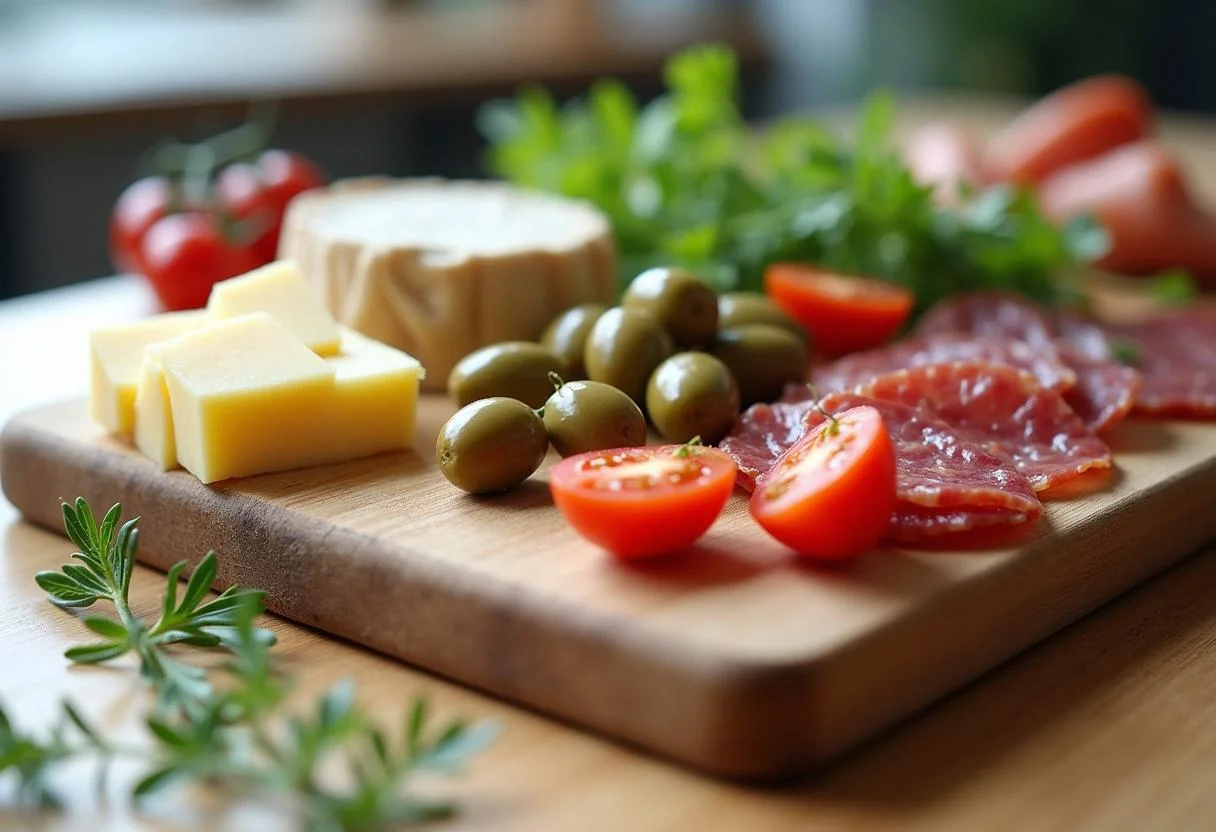 Beautifully arranged ingredients for The Office Pam's Art School Antipasto Platter, featuring olives, cheese, cured meats, and tomatoes for a vibrant appetizer.