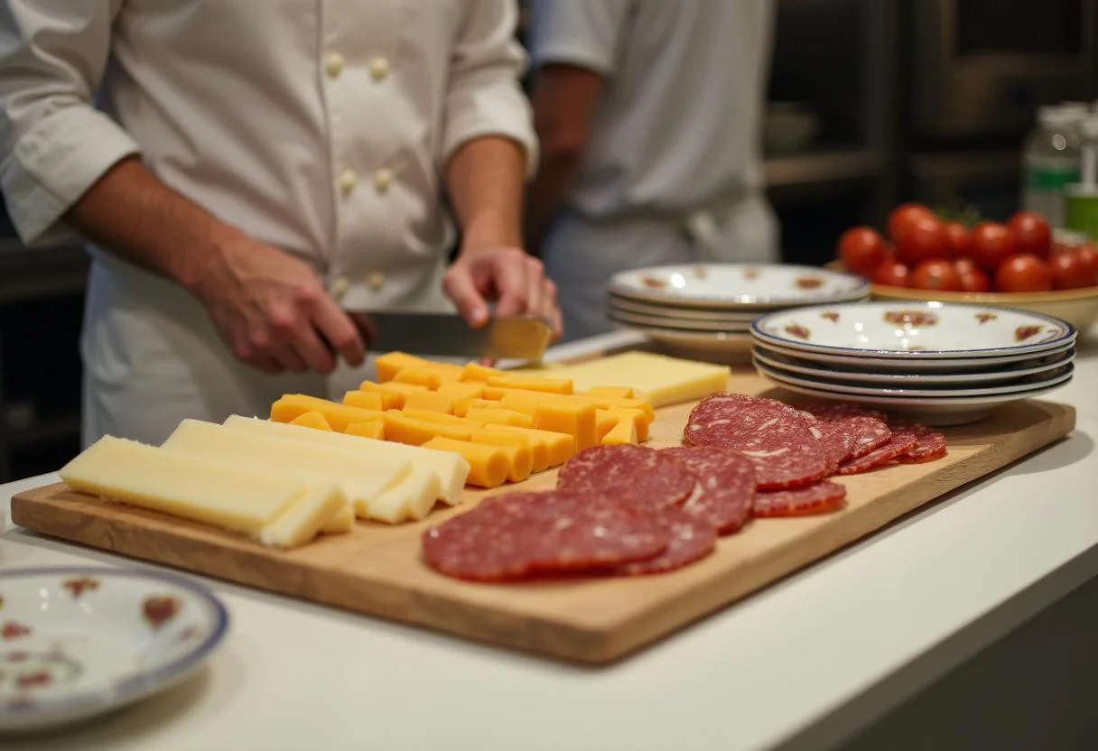 Slicing delicious selections of cheese and salami for The Office Pam's Art School Antipasto Platter, creating a delightful charcuterie spread.