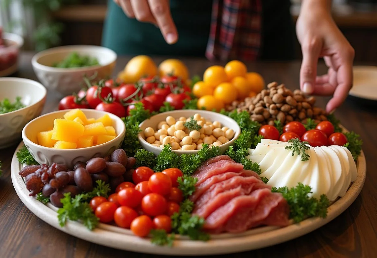 Artfully arranged antipasto ingredients on a platter for The Office Pam's Art School Antipasto Platter, highlighting the colors and textures of each item.