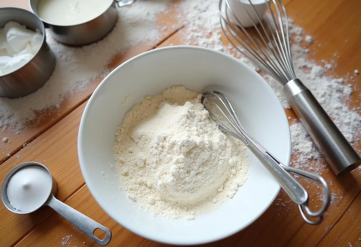 Baking preparation for The Office Phyllis' Wedding Cake Cookies with flour and sugar on a wooden table.