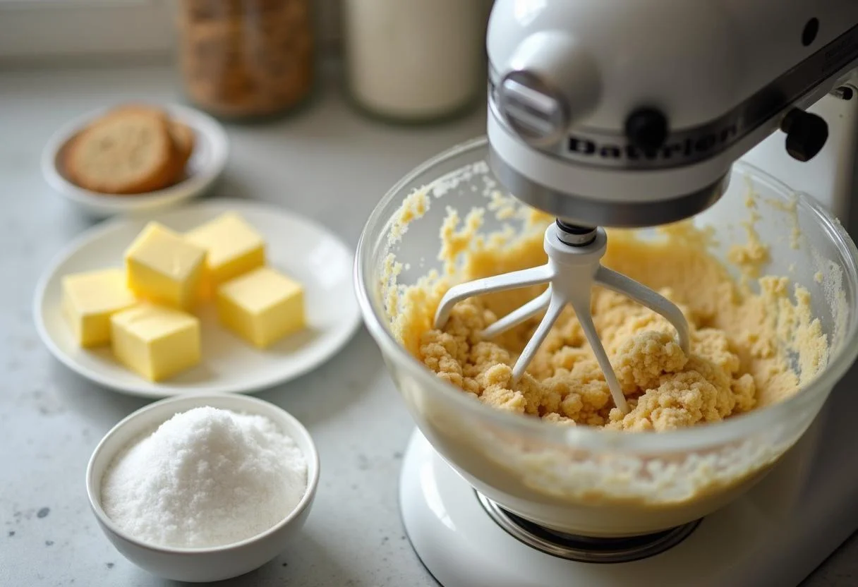 Creaming butter and sugar for The Office Phyllis' Wedding Cake Cookies showcased on a countertop.