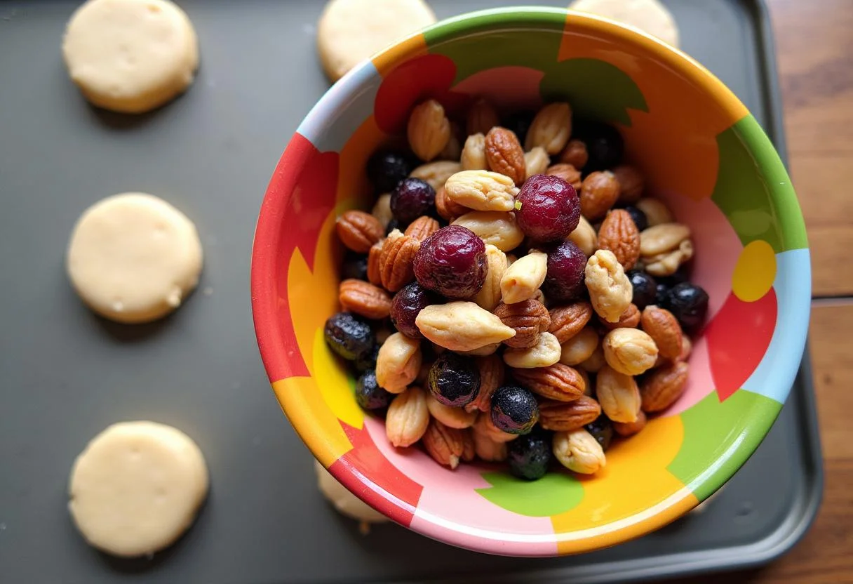 Preparing cookie dough with mixed nuts and dried fruits for The Office Phyllis' Wedding Cake Cookies on a baking sheet.
