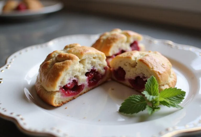 The perfect final result of The Princess Diaries Anne Hathaway's Royal Raspberry Scones showcasing a fluffy inside loaded with fresh raspberries.