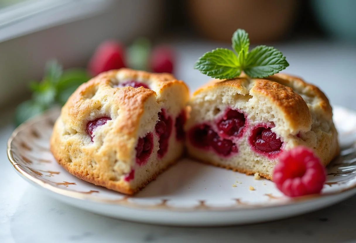 The perfect final result of The Princess Diaries Anne Hathaway's Royal Raspberry Scones showcasing a fluffy inside loaded with fresh raspberries.