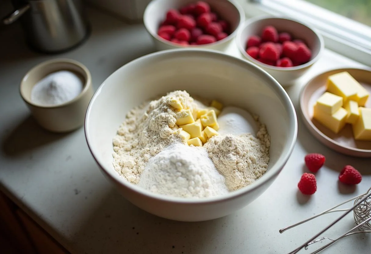 Ingredients for The Princess Diaries Anne Hathaway's Royal Raspberry Scones including flour, sugar, fresh raspberries, and cold butter on a kitchen countertop.