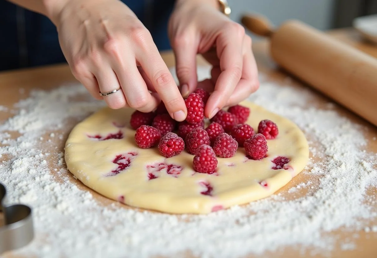 Folding fresh raspberries into the dough for The Princess Diaries Anne Hathaway's Royal Raspberry Scones on a floured kitchen counter.