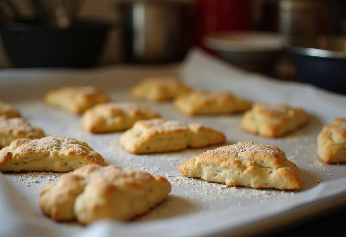 Prepared scones ready to bake for The Princess Diaries Anne Hathaway's Royal Raspberry Scones on a baking sheet in a cozy kitchen.