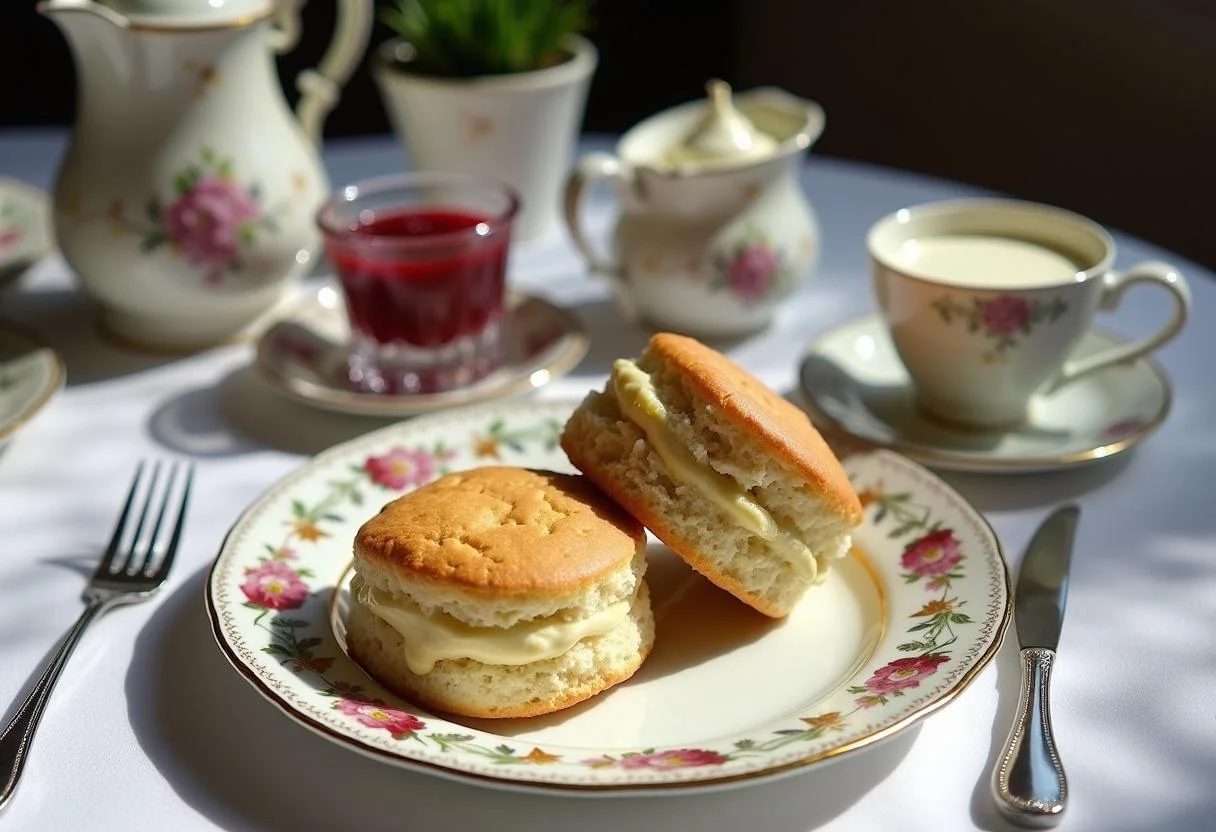 A beautifully arranged table featuring freshly baked The Princess Diaries Anne Hathaway's Royal Raspberry Scones with clotted cream and raspberry jam.