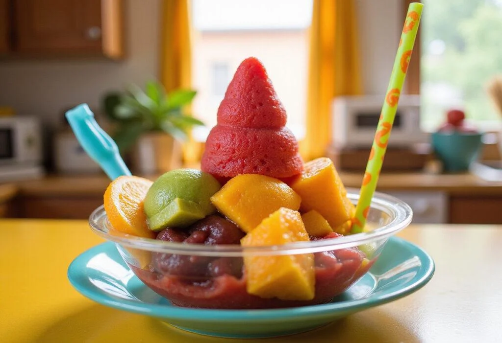 Final presentation of Apu's Squishee Sorbet in a vibrant bowl, garnished with fruit, evoking a fun kitchen atmosphere inspired by The Simpsons.