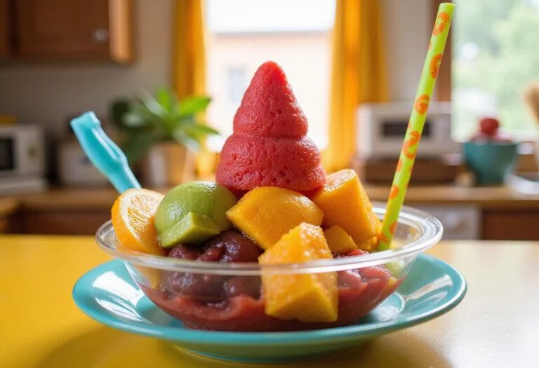 Final presentation of Apu's Squishee Sorbet in a vibrant bowl, garnished with fruit, evoking a fun kitchen atmosphere inspired by The Simpsons.
