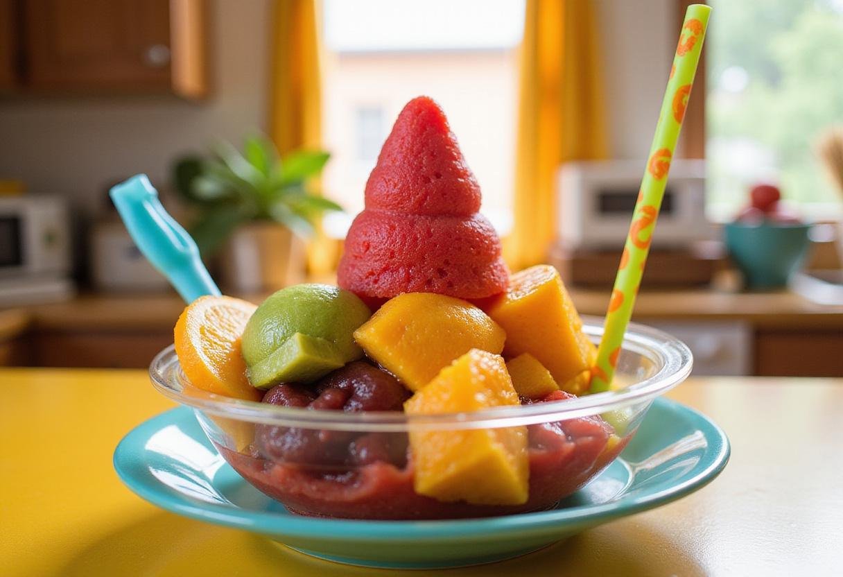Final presentation of Apu's Squishee Sorbet in a vibrant bowl, garnished with fruit, evoking a fun kitchen atmosphere inspired by The Simpsons.