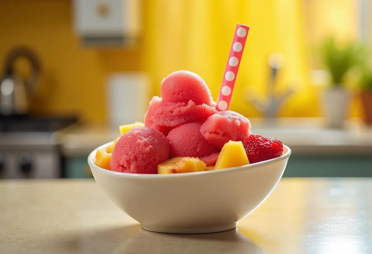 Final presentation of Apu's Squishee Sorbet in a vibrant bowl, garnished with fruit, evoking a fun kitchen atmosphere inspired by The Simpsons.