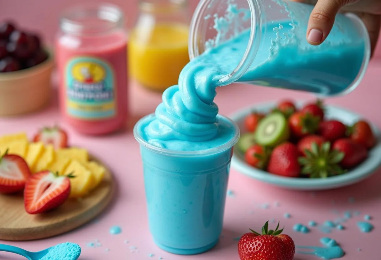 Making The Simpsons Apu's Squishee Sorbet with vibrant blue slushy mixture and colorful ingredients in a bright kitchen.