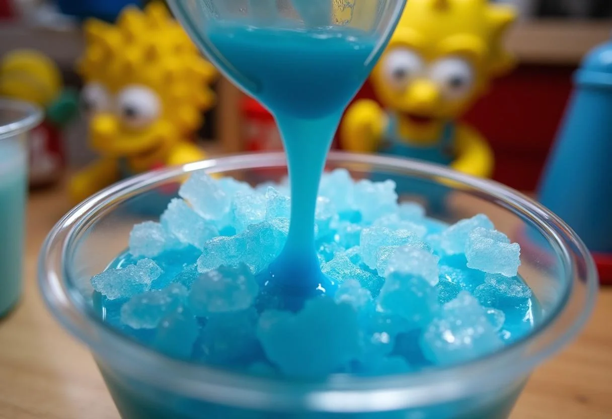 Combining crushed ice and blue raspberry syrup to create the perfect texture for Apu's Squishee Sorbet, in a Simpsons-inspired kitchen.