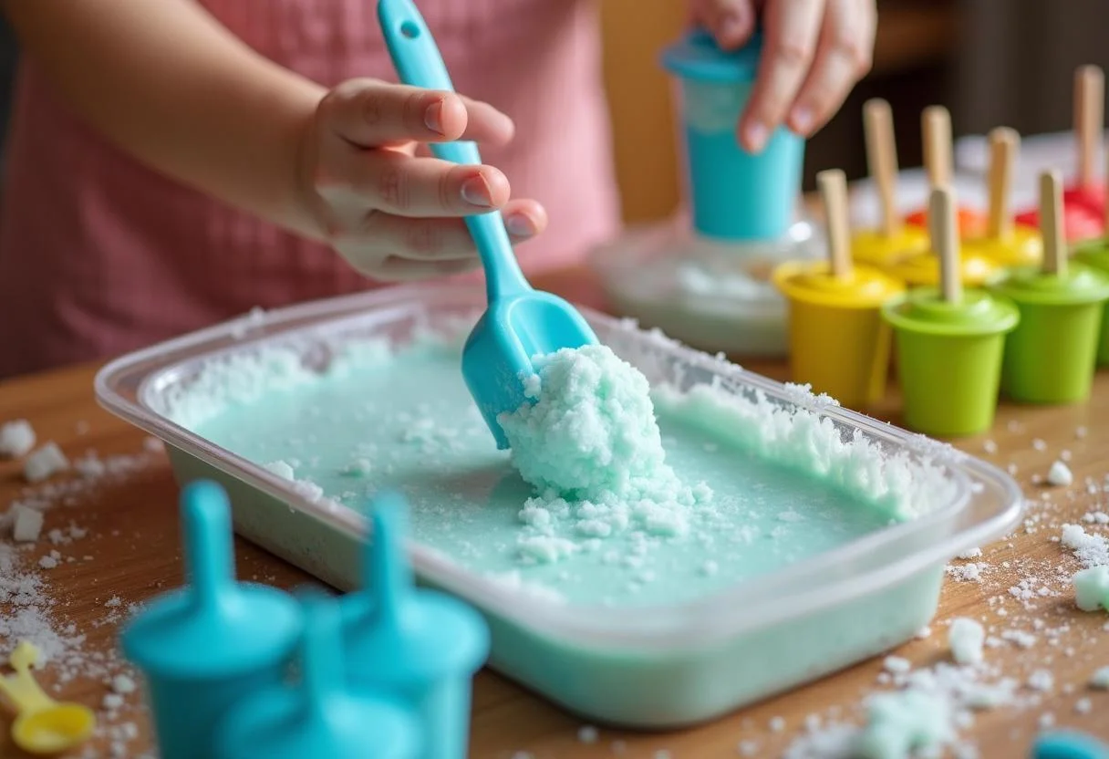Freezing the vibrant icy mixture for Apu's Squishee Sorbet in a fun and bright kitchen, surrounded by popsicle molds.