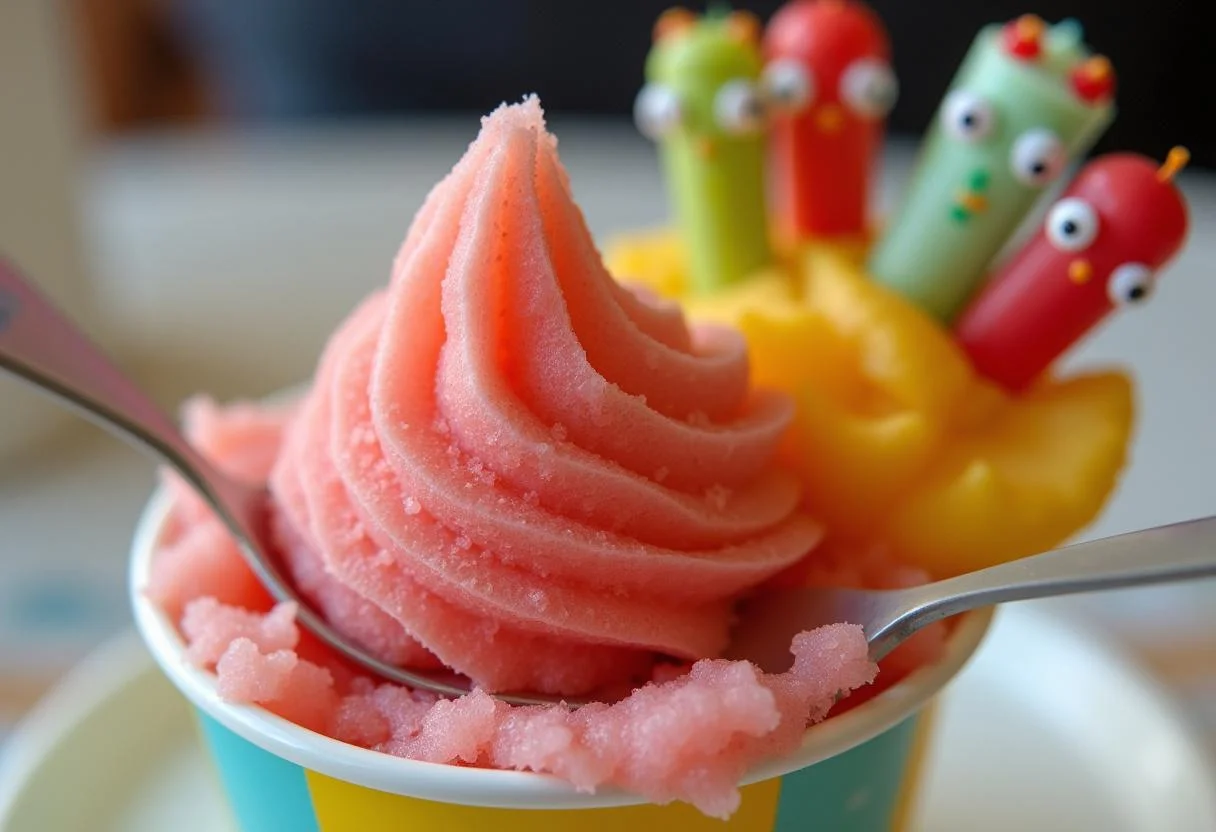 Scooping Apu's Squishee Sorbet into a colorful cup next to fresh fruit and playful decorations, showcasing a fun kitchen ambiance.